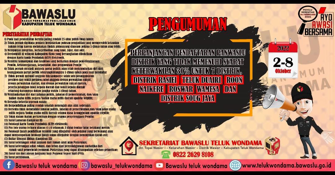 Bawaslu Teluk Wondama Perpanjang Pendaftaran Calon Panwaslu Untuk 7 Distrik